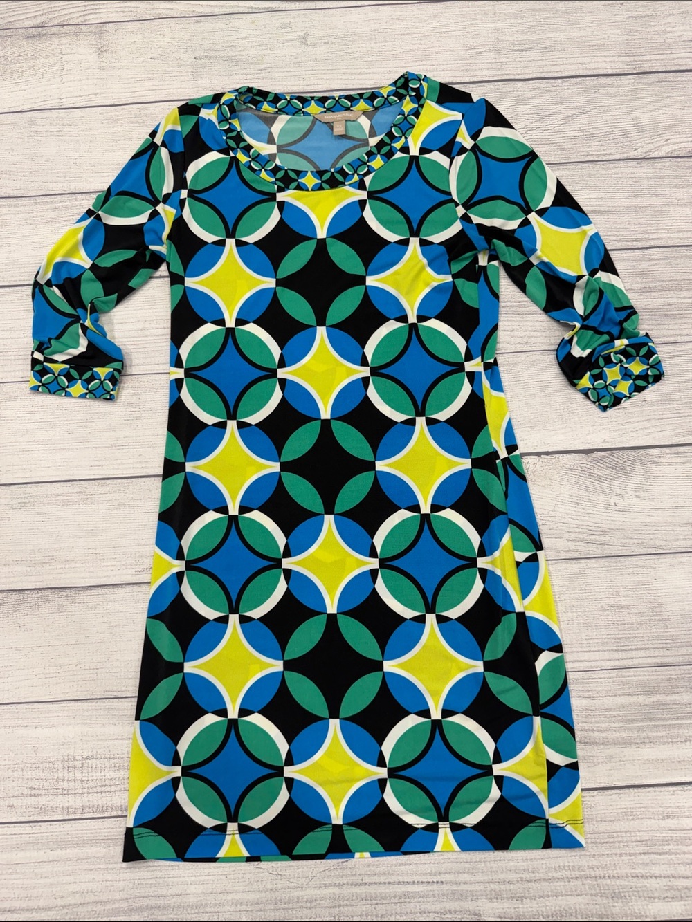 Banana Republic Geometric Sheath Dress Blue Green 3/4 Sleeve XS